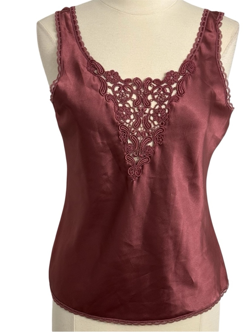 Cinema Etoile Vintage Satin Camisole w/ Embroidered Lace Bib,‎ Burgundy, Size L